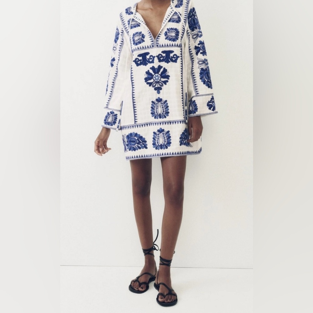 Zara Blue and White Embroidered Tunic